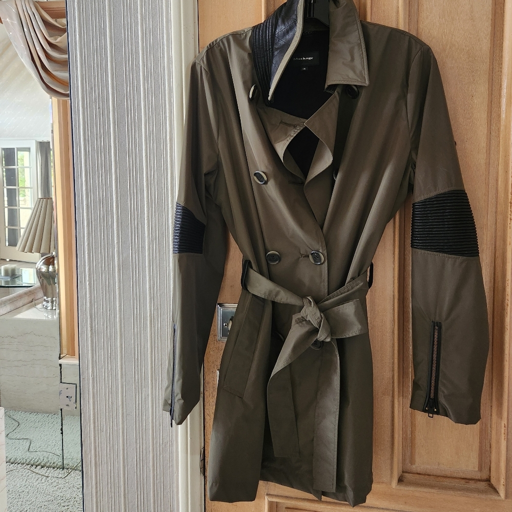 MACKAGE Montreal Lightweight Belted Khaki Trench with Leather
